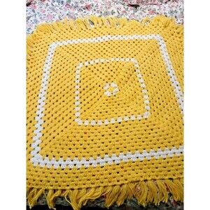 Yellow and White Afghan Size 33ins by 33ins.